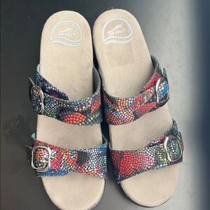 Dansko Women's Multicolor Mosaic Buckle Slides in Red, Blue & Green